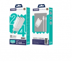 Jellico hálózati töltőfej Micro USB kábellel, EU02, 2XUSB, 2,4 A, fehér